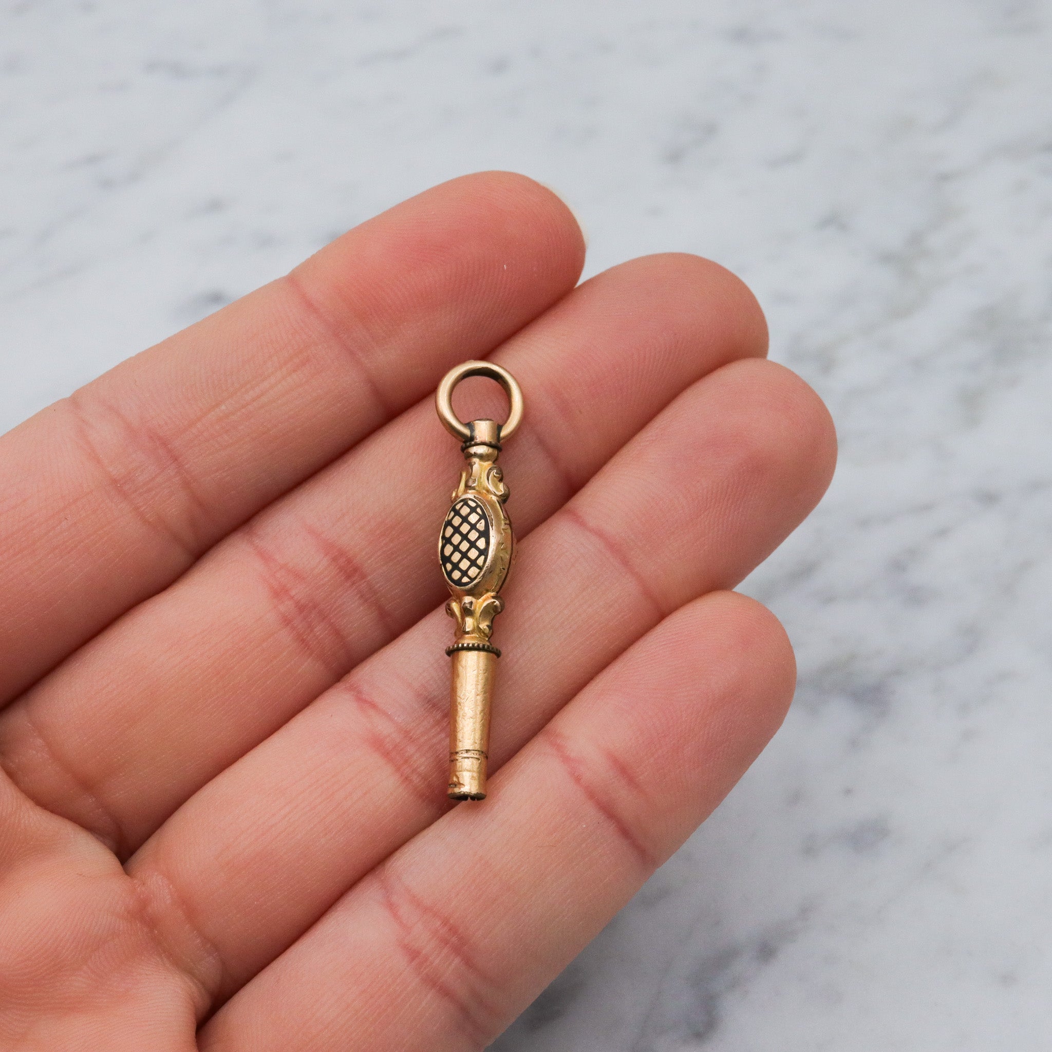 Antique Victorian gold filled black enamel watch key fob